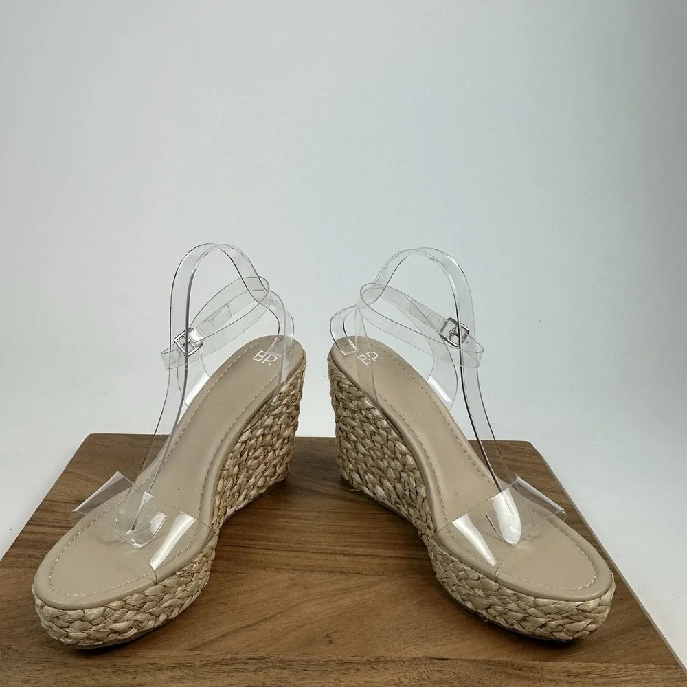 Womens BP Nordstrom Ginny Clear‎ Beige Strappy Espadrille Wedge Sandals Size 9.5